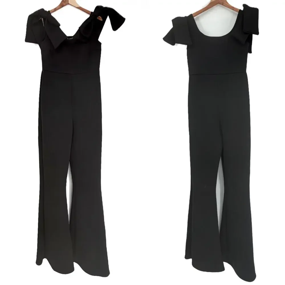 NEW PrettyLittleThing Black Bow Shoulder Flared Leg Scuba Jumpsuit size 12